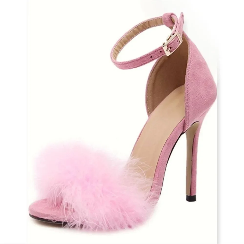 Z&L Women's Pink Marabu Open Toe Sandal Fluffy Feather Lace Up Strappy High Heel - Picture 1 of 4